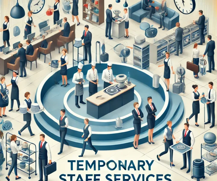 A busy professional setting for temporary staff services, featuring employees working in different areas including food and beverage service, housek