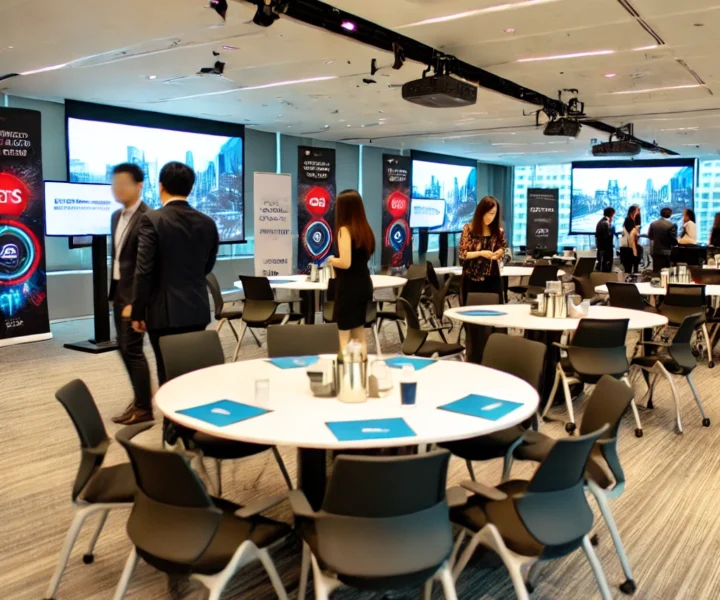 A corporate event setup in a modern conference room with branded banners, large screens, and round tables. Professionals are networking and engaging w (2)
