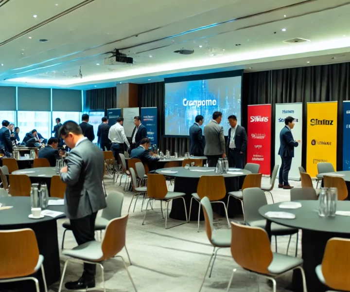 A corporate event setup in a modern conference room with branded banners, large screens, and round tables. Professionals are networking and engaging w