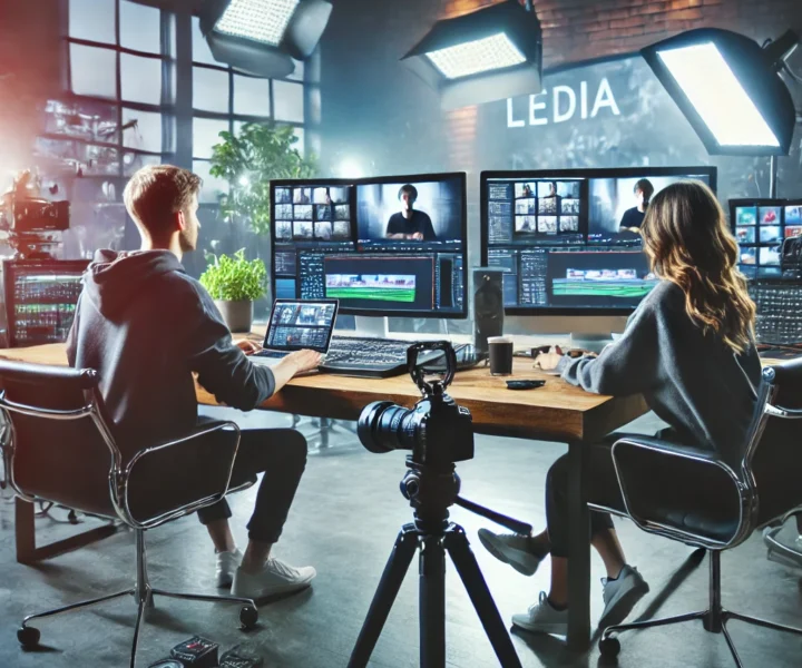 A creative media production setup with high-end cameras, lighting equipment, and monitors showing video editing software. People are collaborating on