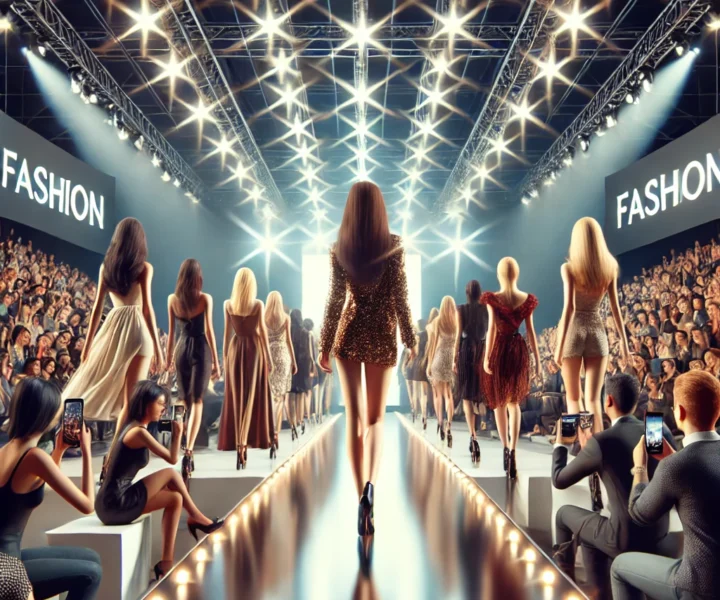 A fashionable runway show with models walking down a brightly lit runway, showcasing designer outfits. The audience is seated on both sides, while pho