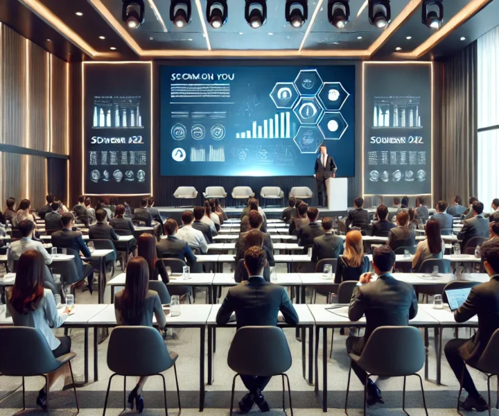 A modern conference room filled with attendees seated in rows, watching a speaker give a presentation at the front with a large screen behind. The set