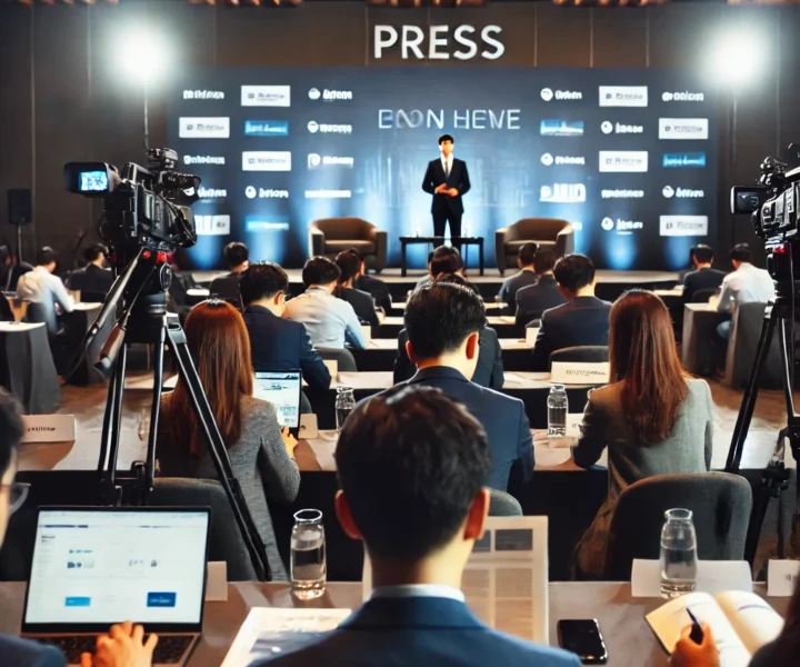 A professional press and media event with journalists seated in front of a stage, cameras and microphones focused on a speaker. The backdrop features