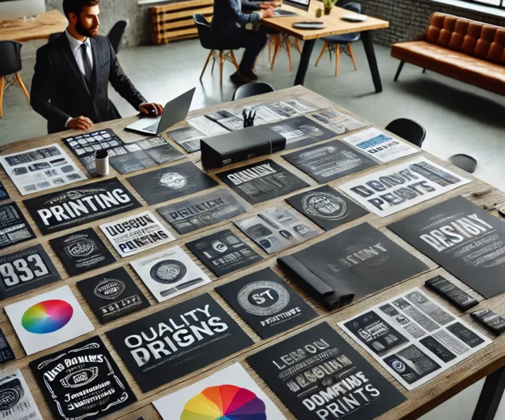 A professional printing and marketing setup with printed materials such as brochures, banners, and posters displayed on a table. The branding elements