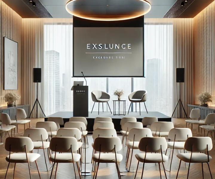A standalone event setup in a modern venue, with chairs arranged for an exclusive presentation or talk. There is a minimalist stage with a projector