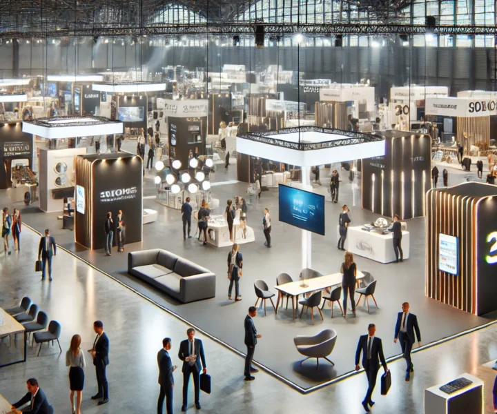 A stylish exhibition event setup with large display booths, branded banners, and people engaging with exhibits. The space is spacious and well-organiz