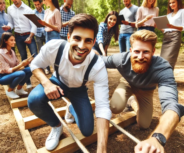 An outdoor team-building event with professionals participating in fun and collaborative activities. Teams are working together on tasks like obstacle